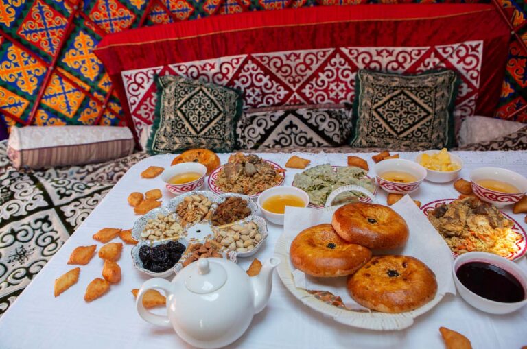 Traditional Kyrgyz dishes served in a yurt