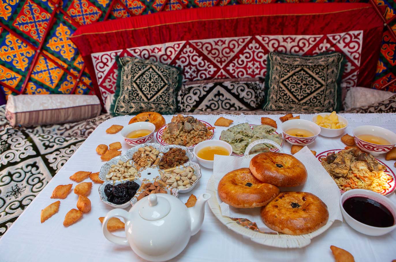 Traditional Kyrgyz dishes served in a yurt
